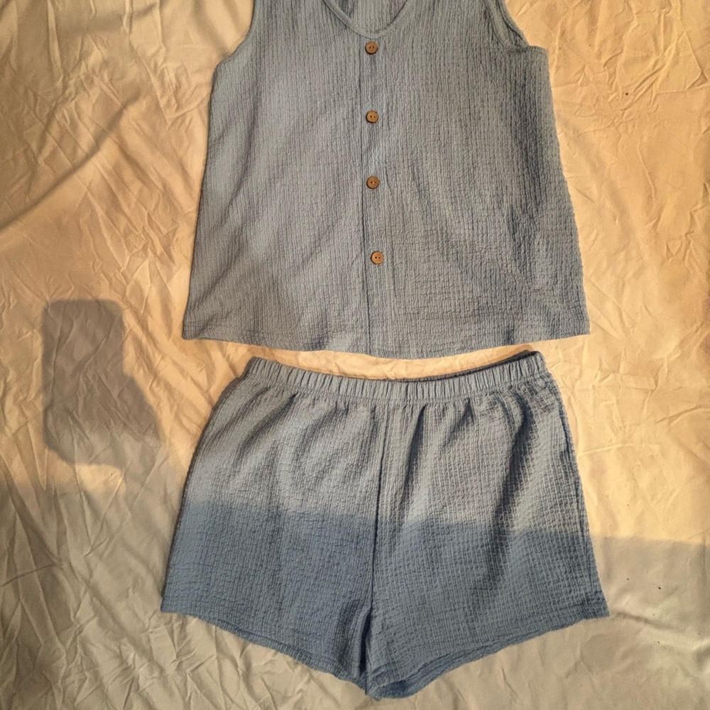Blue Button-Up Tank and Shorts Set